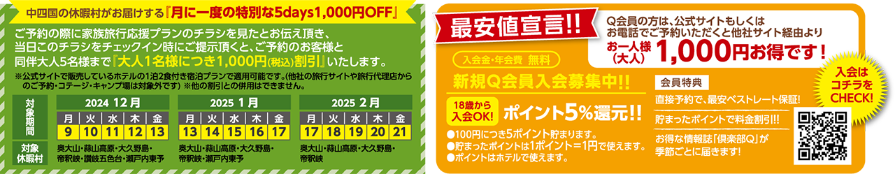 中四国の休暇村がお届けする「月に一度の特別な5days1,000円OFF」ご予約の際に家族旅行応援プランのチラシを見たとお伝えいただき、当日チラシをチェックイン時にご提示いただくと、ご予約のお客様と同伴大人5名様まで「大人1名様につき1,000円（税込）割引」いたします。※公式サイトで販売しているホテルの1泊2食付き宿泊プランで運用可能です。※他の割引との併用はできません。対象期間は9/9～13,10/7～11,11/18～22