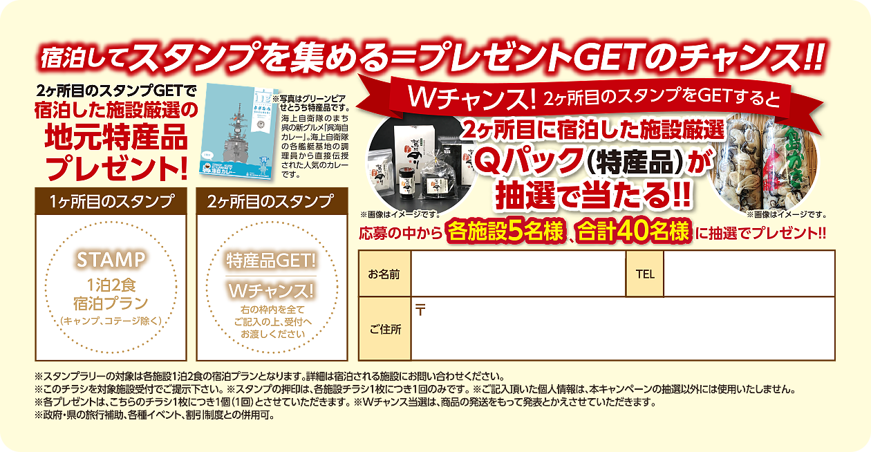 宿泊してスタンプを集める＝プレゼントGETのチャンス!! 2ヶ所目のスタンプGETで宿泊した施設厳選の地元特産品プレゼント! Wチャンス!2ヶ所目のスタンプをGETすると 2ヶ所目に宿泊した施設厳選Qパック（特産品）が抽選で当たる!!