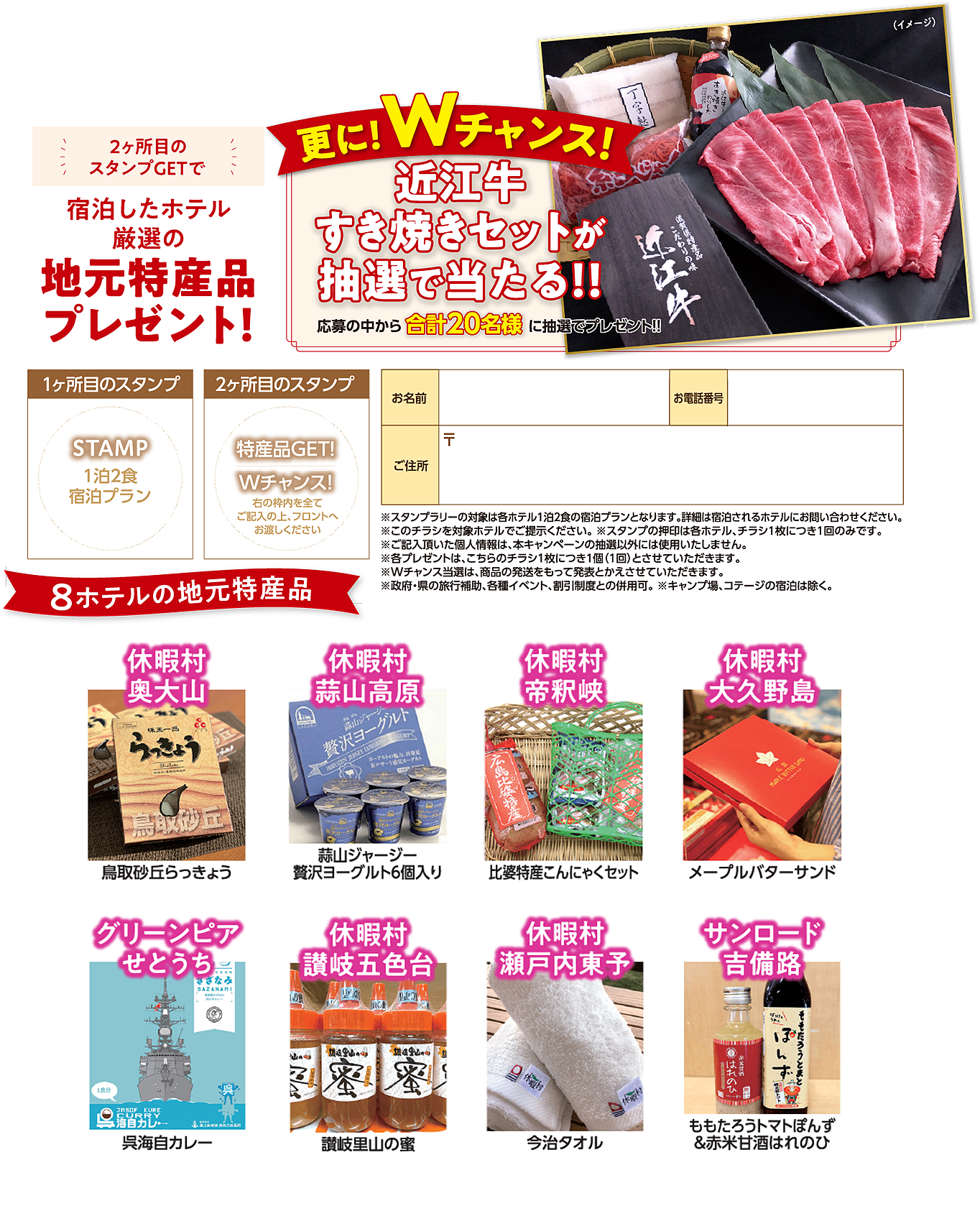 2か所目のスタンプGETで宿泊したホテル源泉の地元特産品プレゼント！
