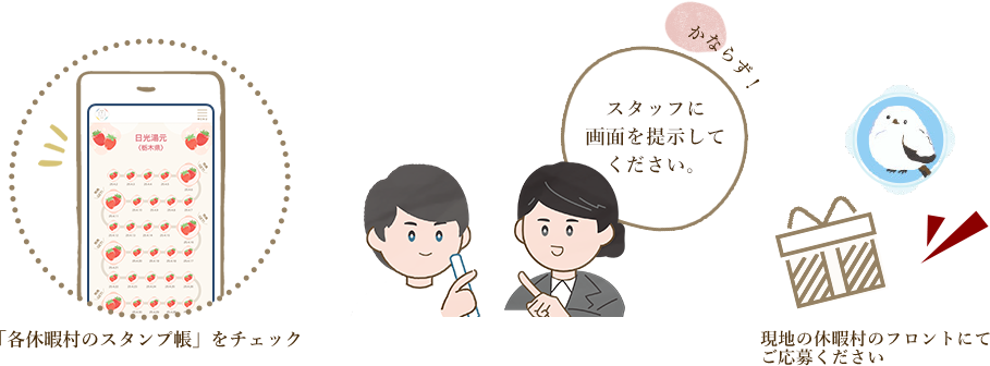 「各休暇村のスタンプ帳」をチェック、現地の休暇村のフロントにてご応募ください