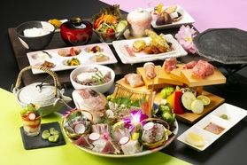 春限定お料理！桜鯛・初鰹造り盛りと薩摩三種肉溶岩焼き