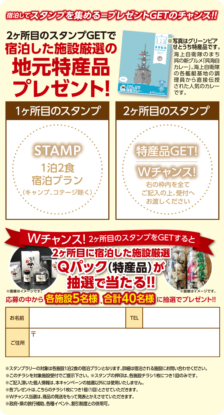 宿泊してスタンプを集める＝プレゼントGETのチャンス!! 2ヶ所目のスタンプGETで宿泊した施設厳選の地元特産品プレゼント! Wチャンス!2ヶ所目のスタンプをGETすると 2ヶ所目に宿泊した施設厳選Qパック（特産品）が抽選で当たる!!