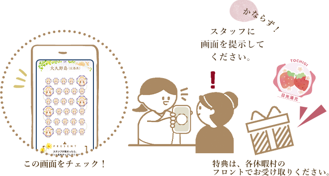 この画面をチェック かならず！スタッフに画面を提示してください。特典は、各休暇村のフロントでお受け取りください。