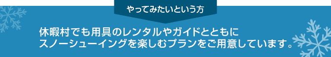 休暇村でも用具のレンタルやガイドとともにスノーシューイングを楽しむプランをご用意しています。